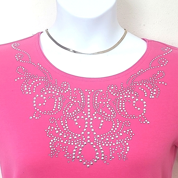 T shirt short sleeve silver beading fuchsia bright pink stretch cotton blend - Picture 1 of 5